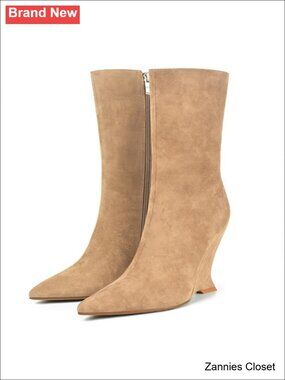 ✨ Suede Wedge Heel Ankle Boots Pointy Mid Calf Side Zipper Comfortable Winter